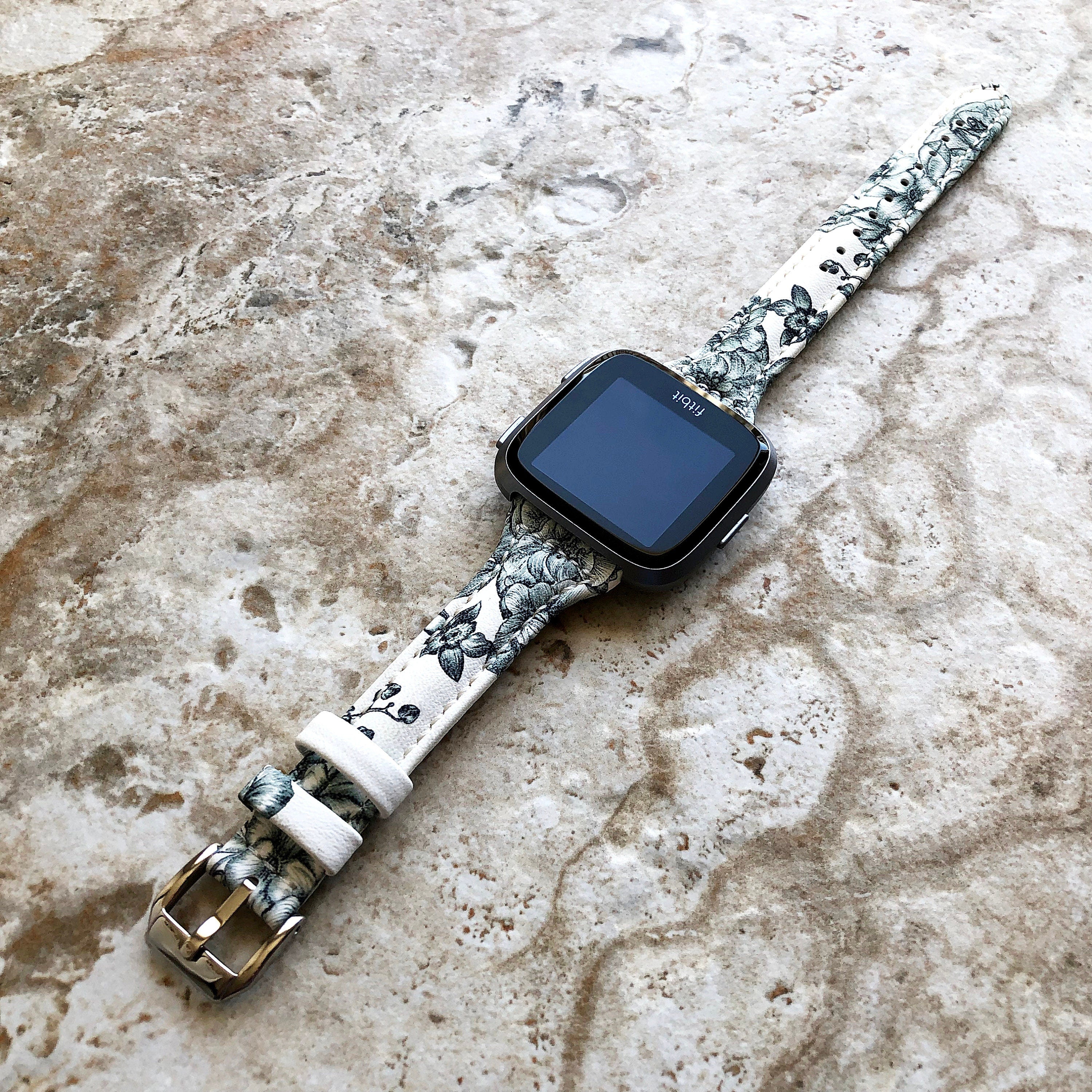 Fitbit Versa Lite 2 3 4 Sense 2 Band Orchids Slim Elegant Leather Strap with Stitching Details Quick Release Pins Adapters Silver Rose Gold